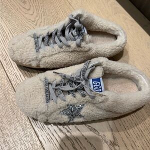 Golden Goose Beige Sherpa Sneakers with Silver Glitter Star